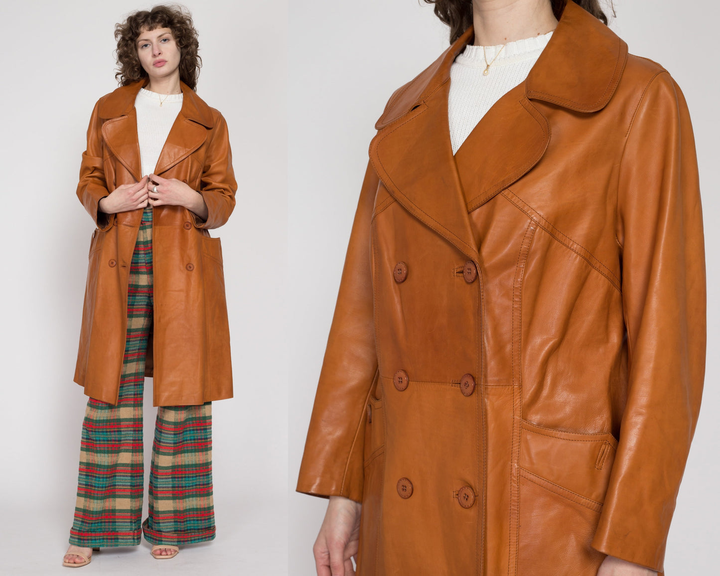 Large 70s Caramel Brown Long Leather Jacket | Vintage British Tan Double Breasted Button Up Rounded Notched Collar Trench Coat