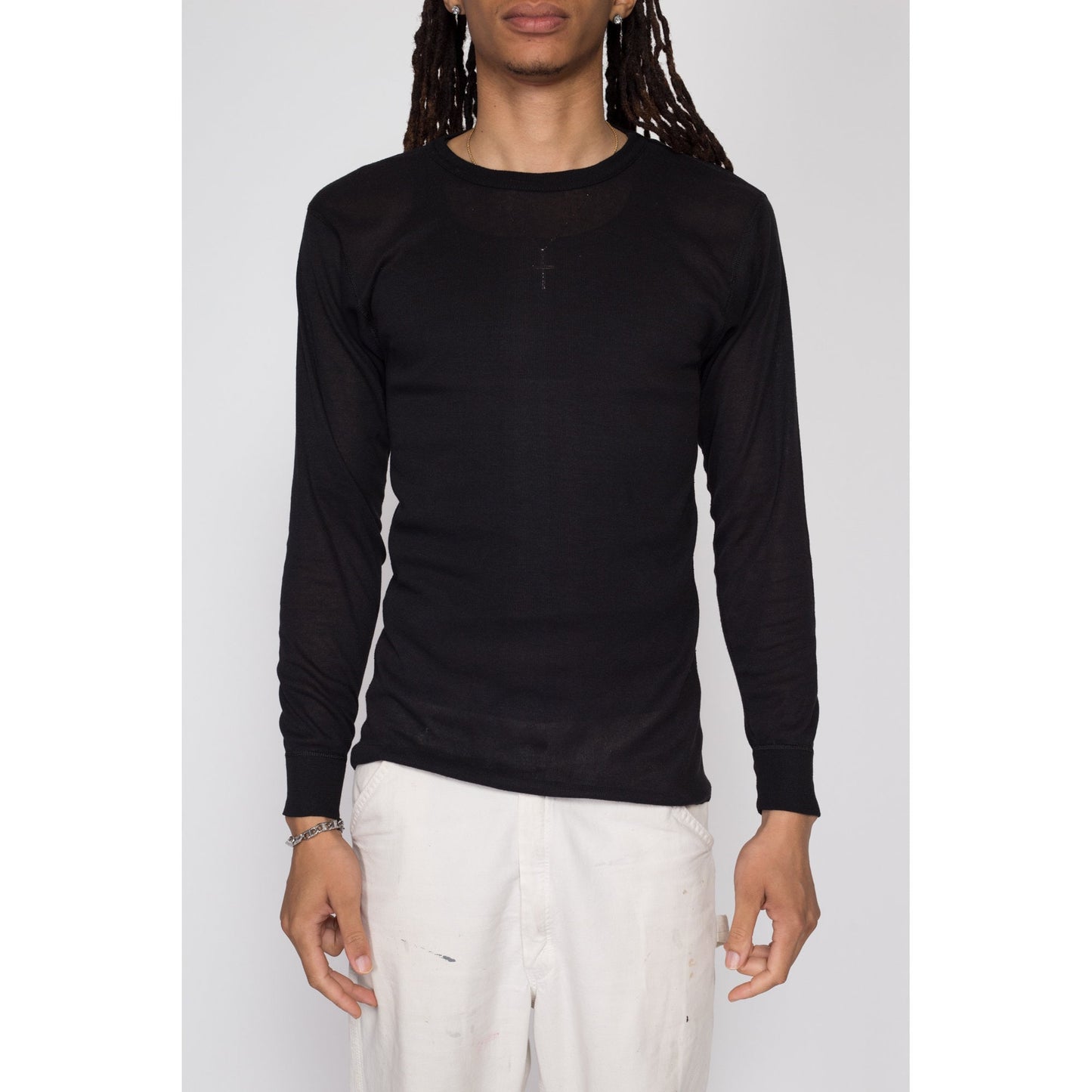 Medium Y2K Black Base Layer Shirt | Vintage Medalist Thermal Ribbed Lightweight Undershirt Long Sleeve Top