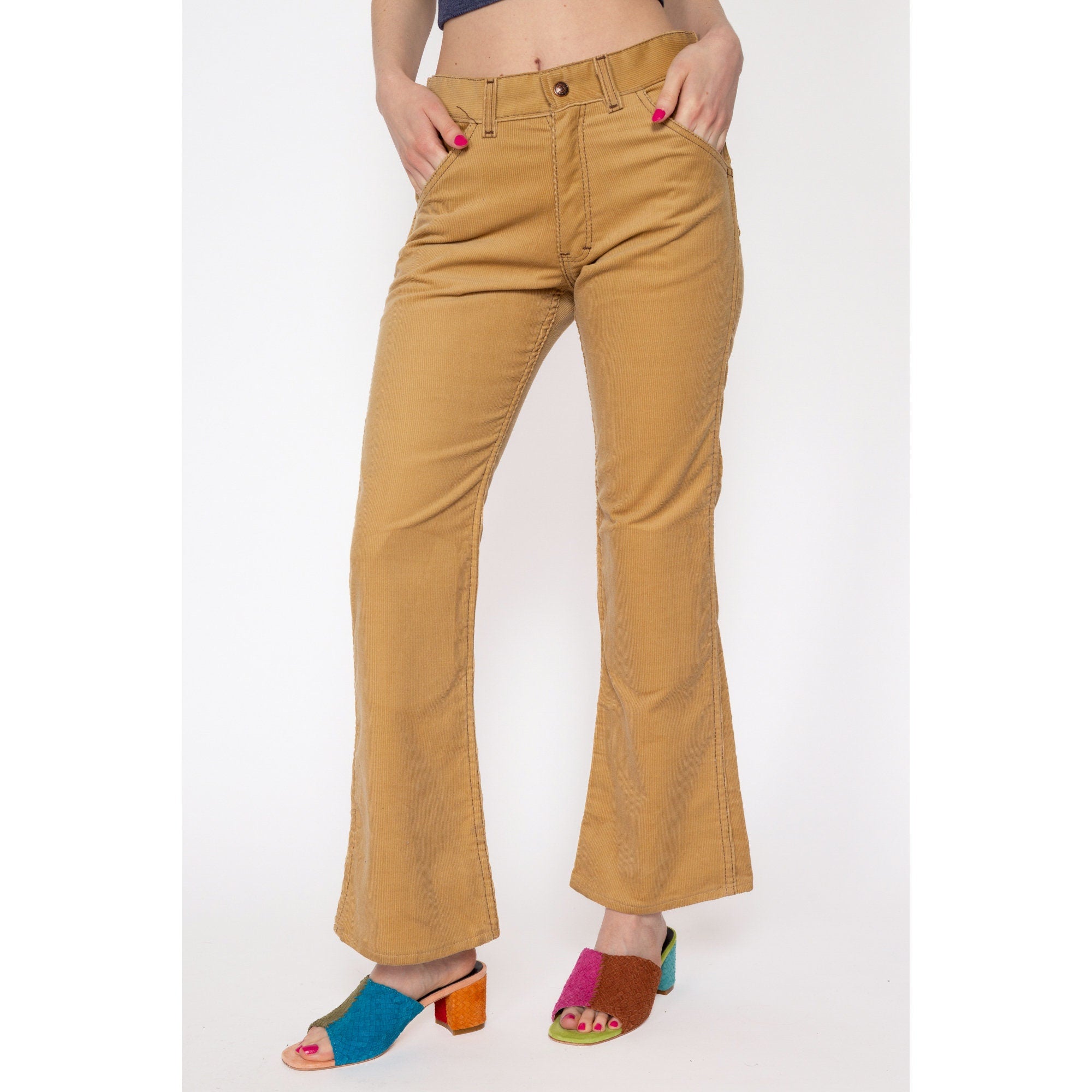 XS 70s Tan Corduroy Mid Rise Flared Pants