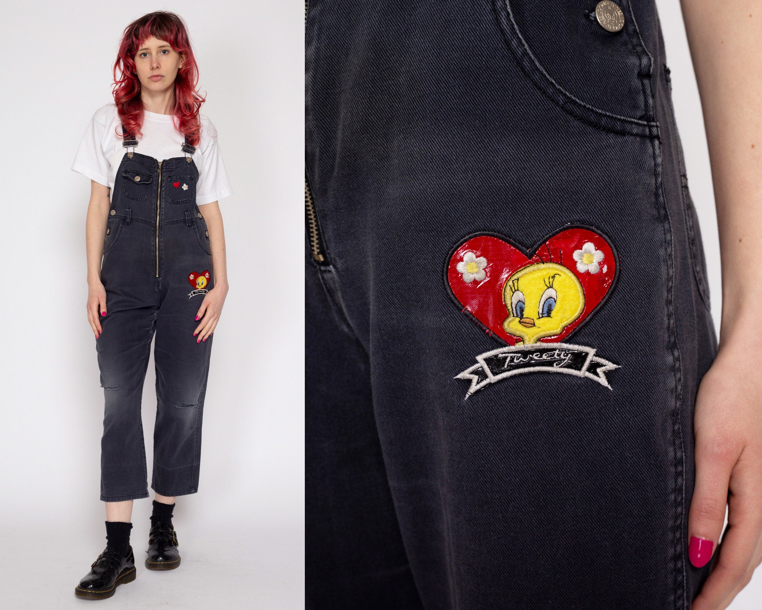 Vintage Y2K factory 90's Black Denim Canvas Cropped Overalls Women's Size M 100% Cotton