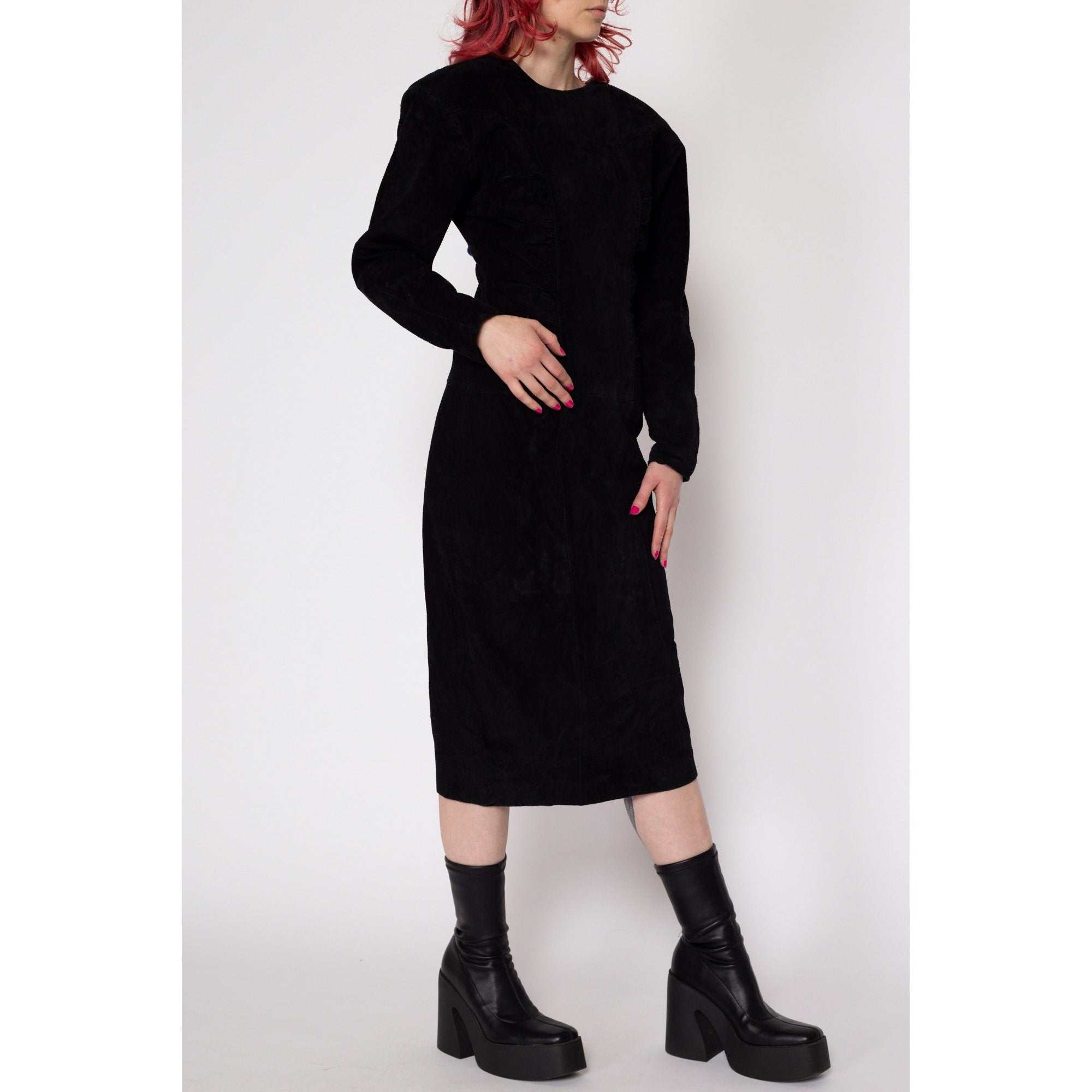 Vintage 1980s Black Long Sleeve Wool outlet Blend Midi Dress