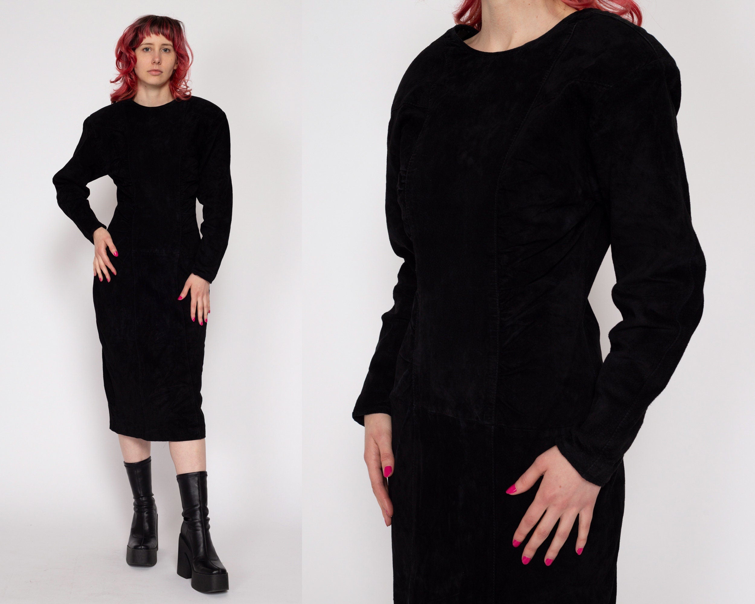 Vintage 1980s Black 2024 Long Sleeve Wool Blend Midi Dress