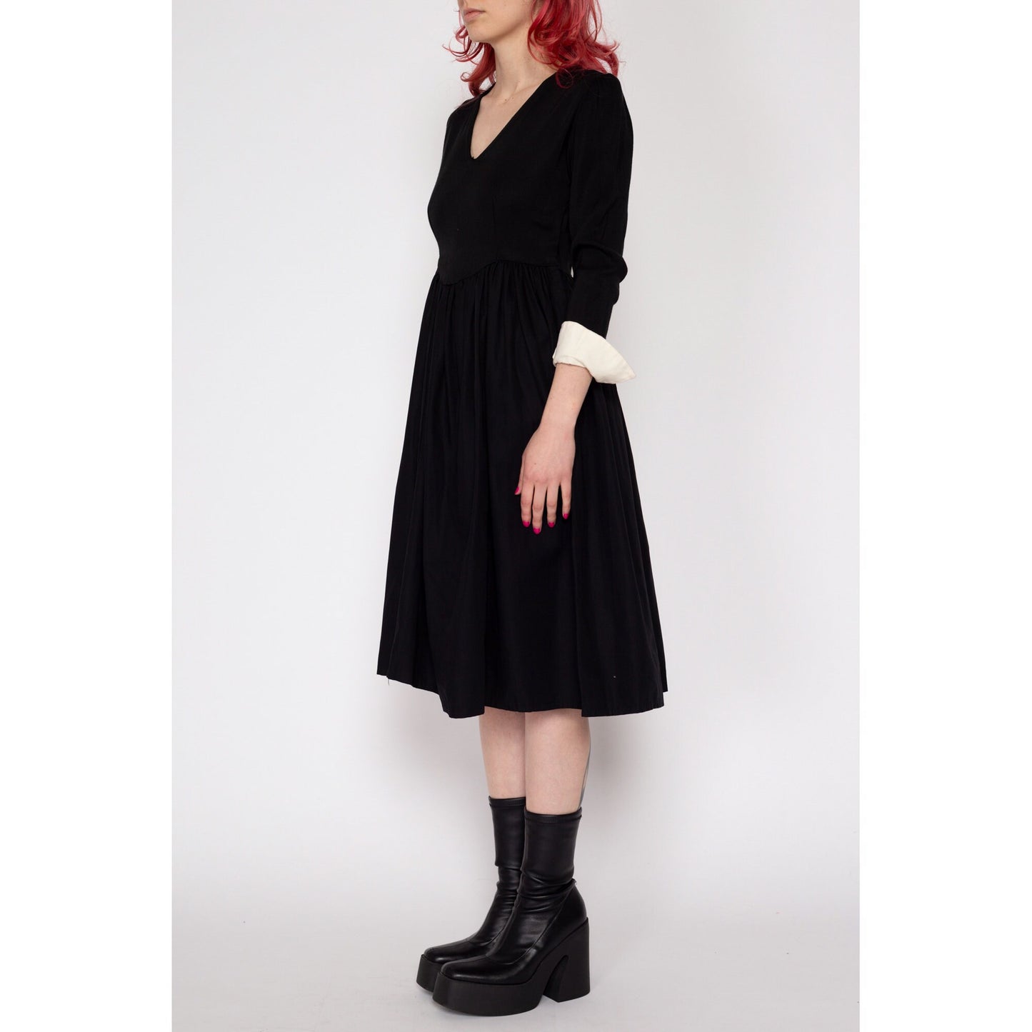 Petite XS 1940s Black & White Gothic Fit Flare Midi Dress | Vintage 40s Cuffed 3/4 Sleeve V Neck Wednesday Addams Dress