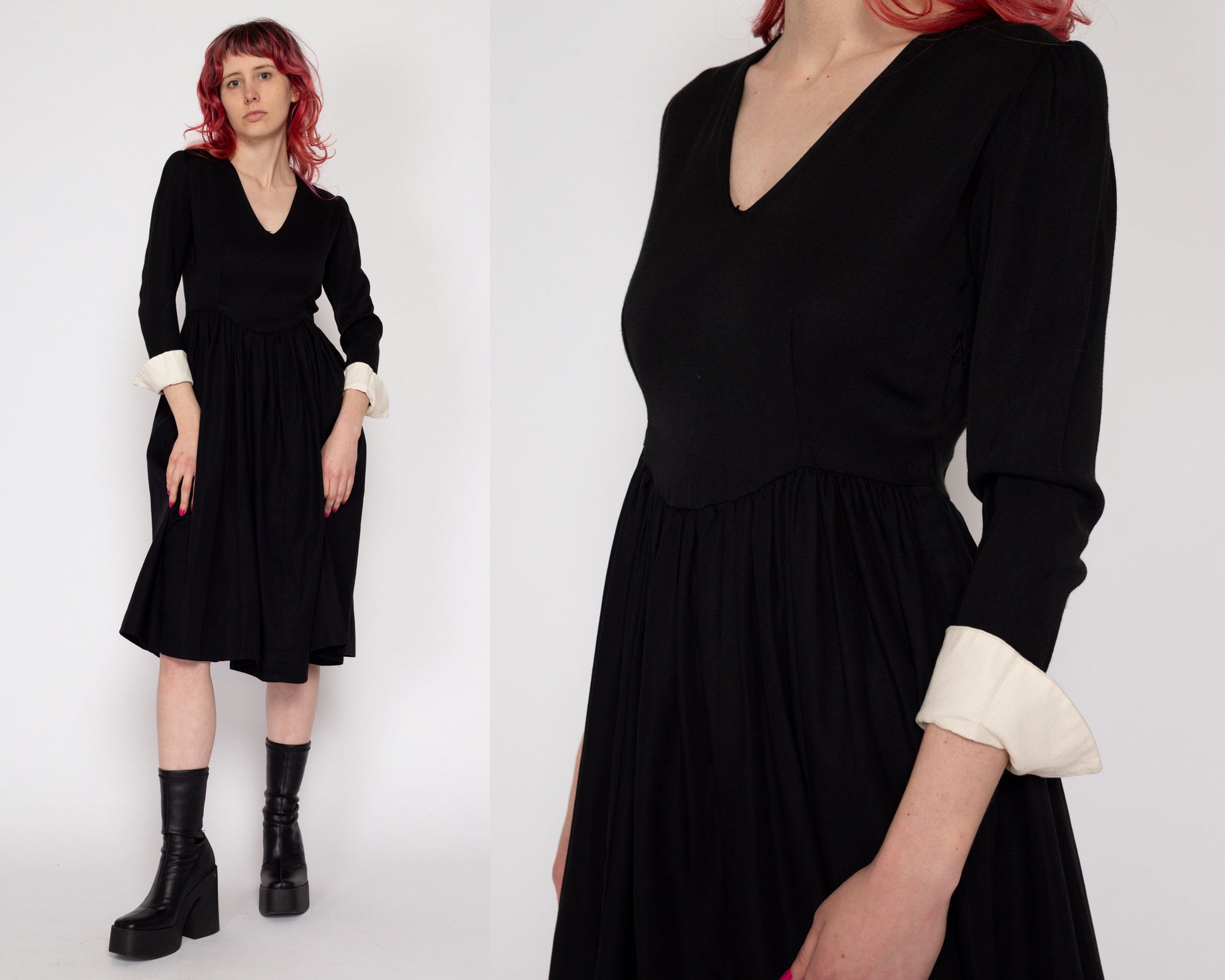 Petite XS 1940s Black & White Gothic Fit Flare Midi Dress | Vintage 40s Cuffed 3/4 Sleeve V Neck Wednesday Addams Dress