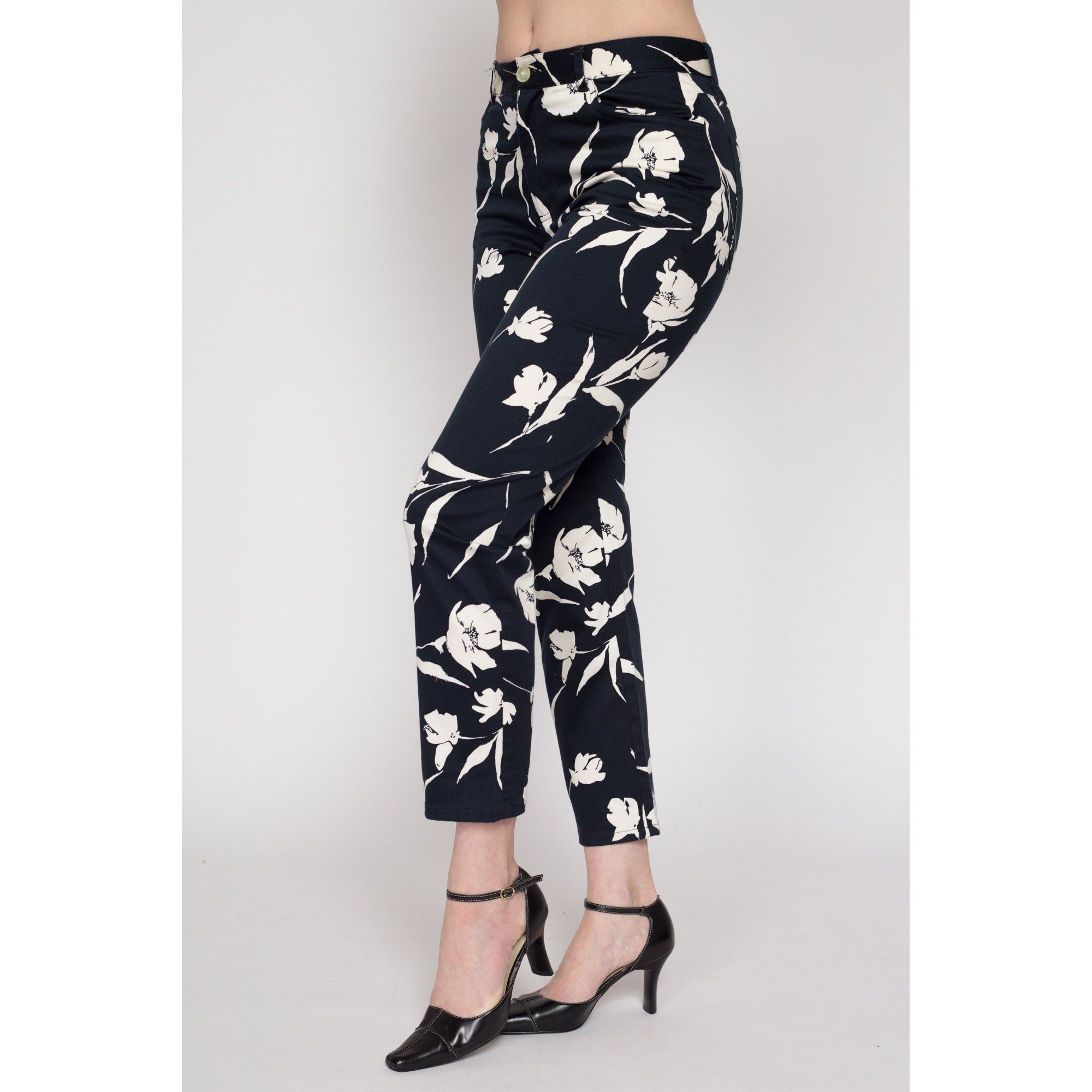 Small 90s Ralph Lauren Black White Floral Pants Petite Flying Apple Vintage