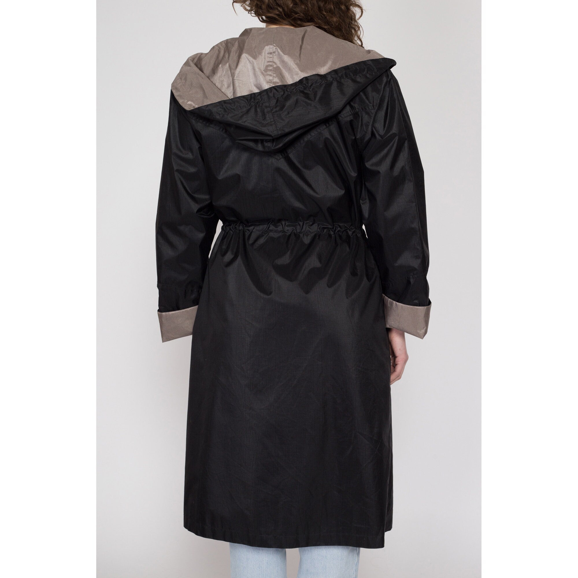 Vintage Black Rain Coat, 2024 Nylon oversized hooded coat