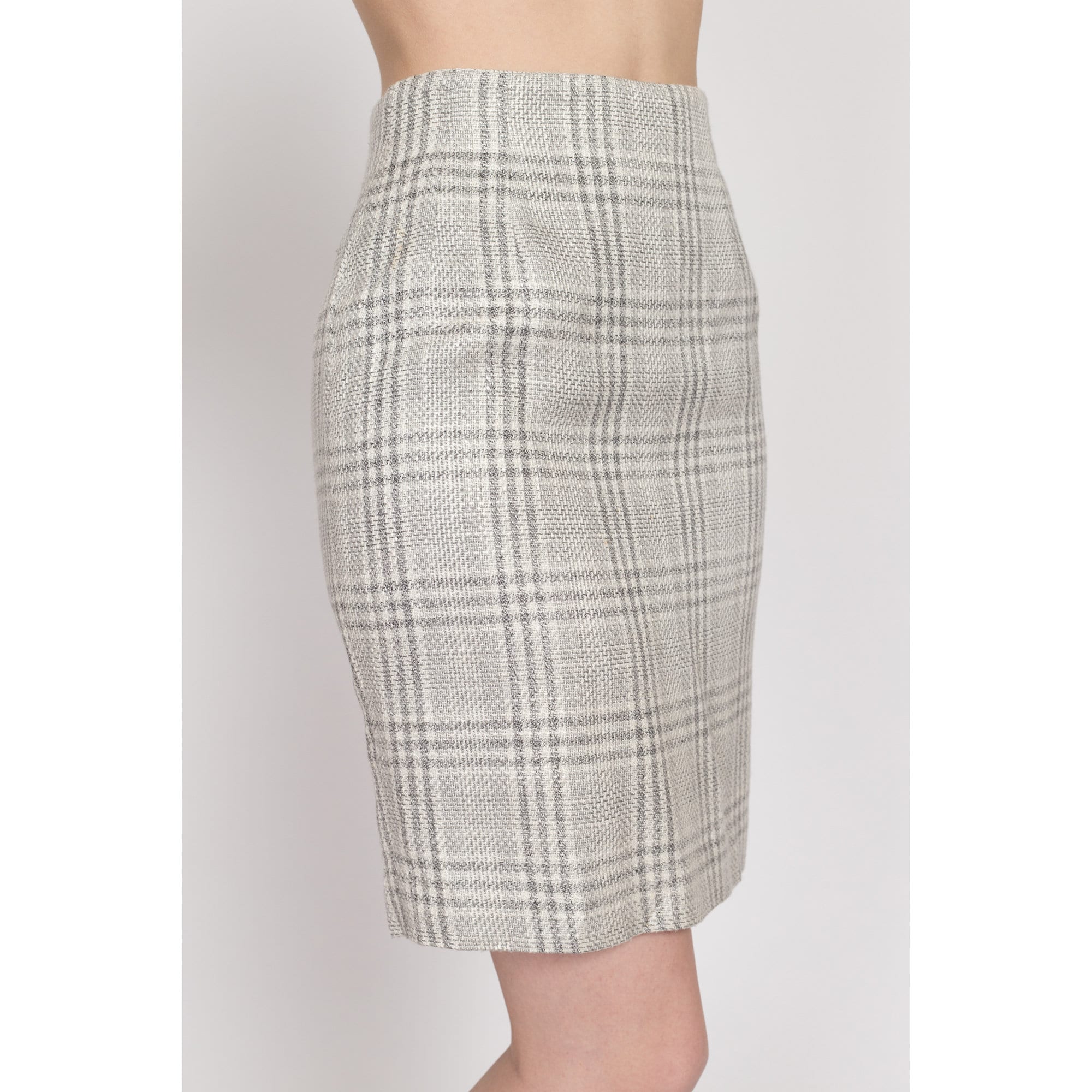 XS 90s Grey Plaid Woven Mini Pencil Skirt 24 Flying Apple Vintage