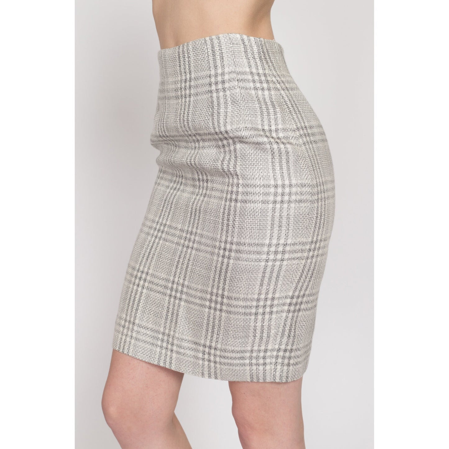 XS 90s Grey Plaid Woven Mini Pencil Skirt 24" | Vintage High Waisted Fitted Skirt