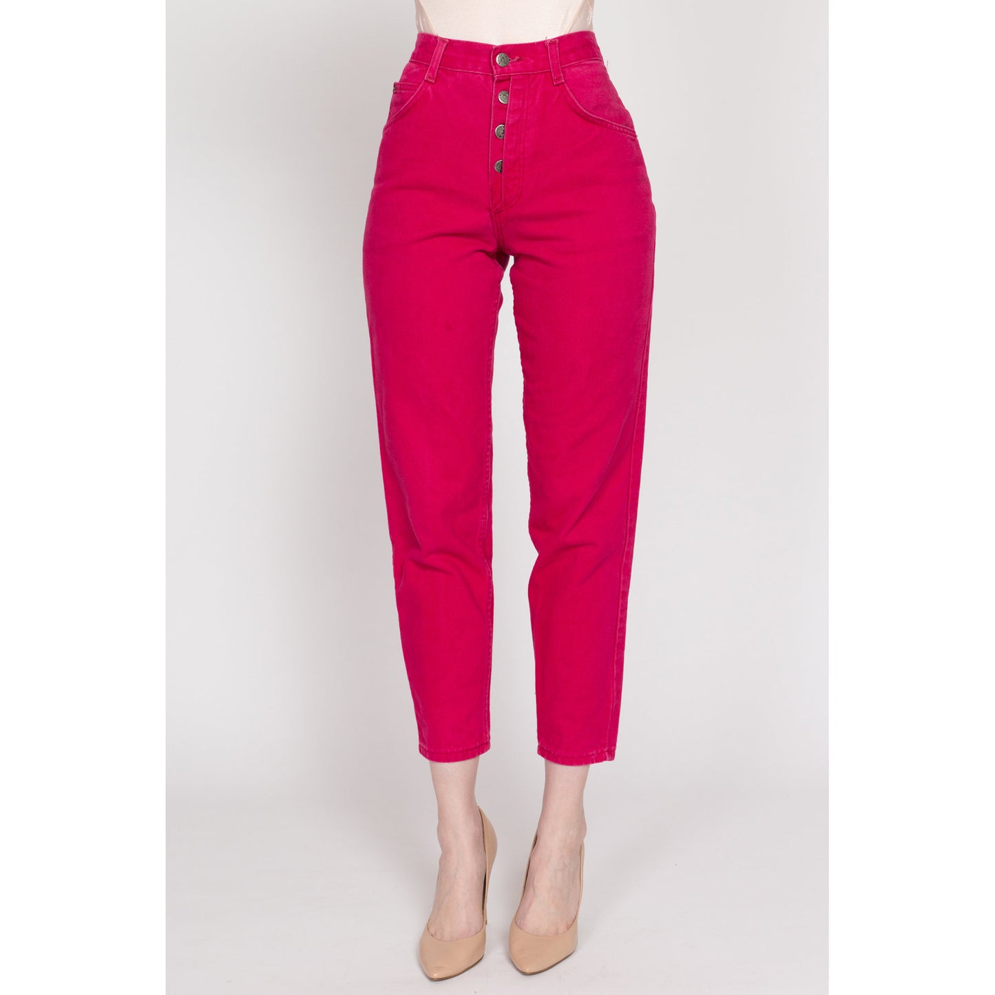 XS 90s Hot Pink Exposed Button Fly Jeans 23.5" | Vintage High Waisted Denim Tapered Leg Mom Jeans